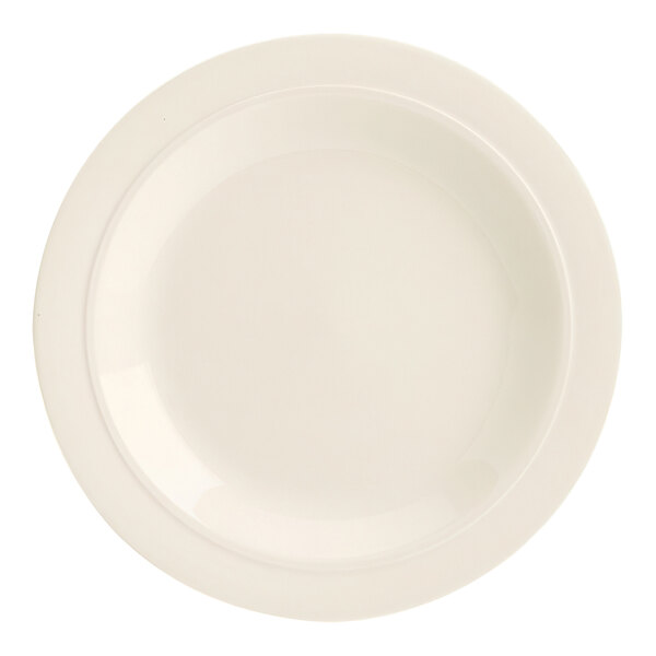 A Homer Laughlin ivory china pasta bowl with a plain white rim.