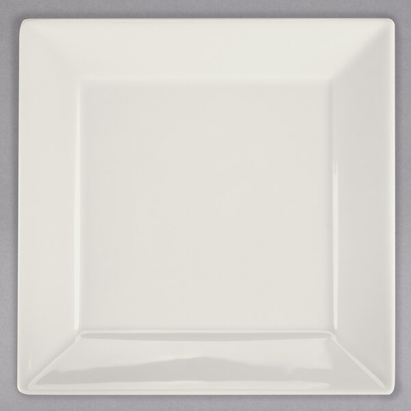 A white square Homer Laughlin china plate with a white rim.