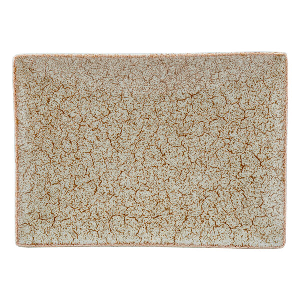 A rectangular porcelain platter with a tiger eye crackle pattern in beige and brown.