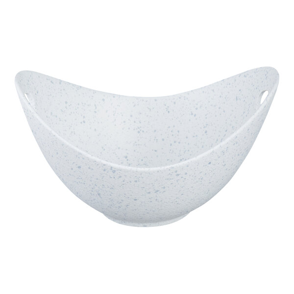 A blue speckled porcelain curve bowl with cut-out handles.