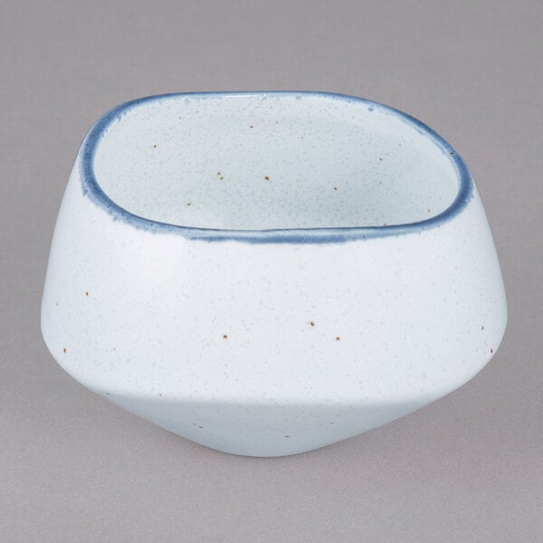 A white porcelain bowl with blue speckles.