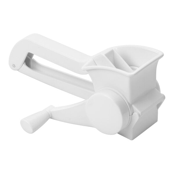 A white handheld rotary grater with a handle and a crank, designed for grating cheese or similar foods.