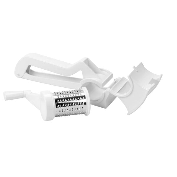 A white handheld rotary cheese grater with a cylindrical grating drum and a handle.