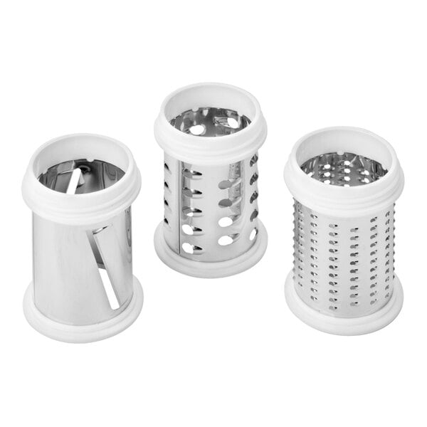 Three cylindrical metal grater attachments with white plastic rims, each featuring different grating or slicing patterns.