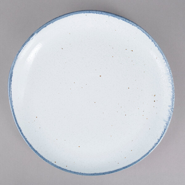 A white porcelain salad plate with a blue speckled rim.