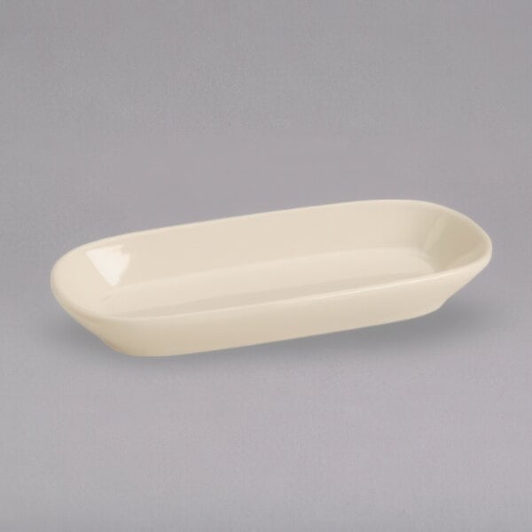 An ivory rectangular dish with a white rim.