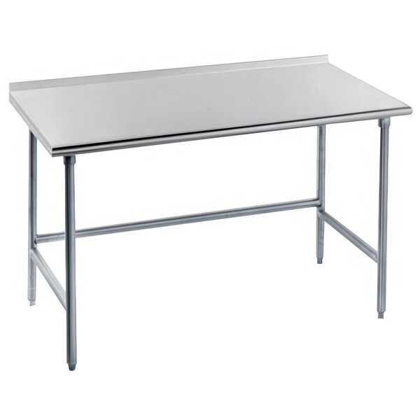 A stainless steel Advance Tabco work table with a 24-in x 72-in work top and legs.