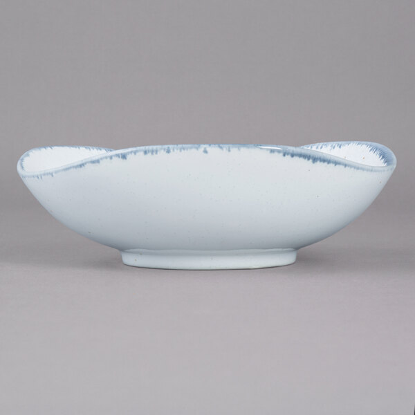 A white bowl with blue specks.
