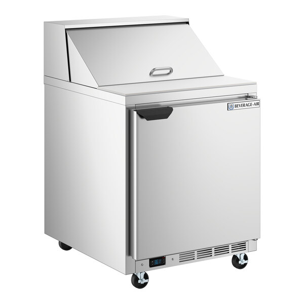 A stainless steel refrigerated sandwich prep table with a single door and a top compartment, designed for ADA height accessibility.