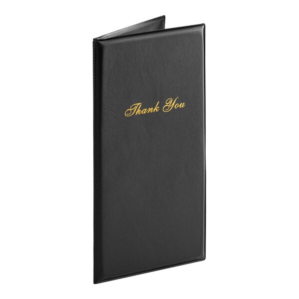 A black guest check presenter with gold writing on the front.