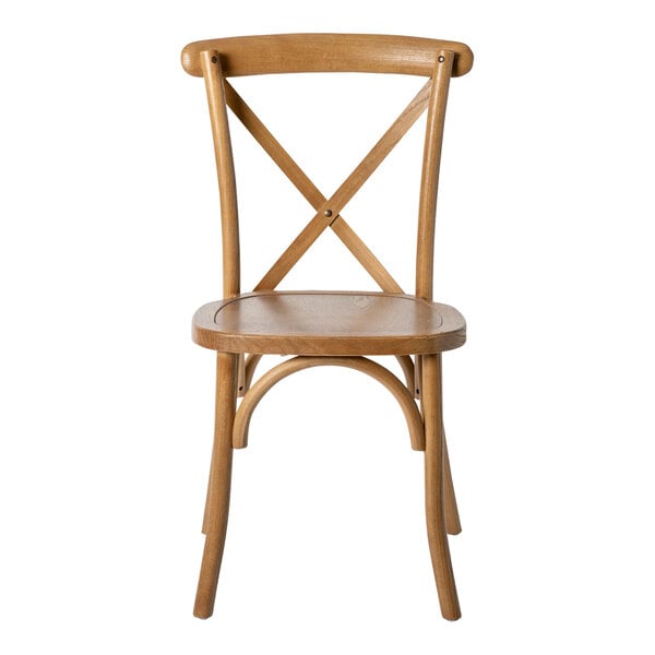A wooden chair with a curved backrest and an X-shaped cross back design.