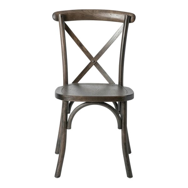 A wooden chair with a curved backrest and an X-shaped cross back design.