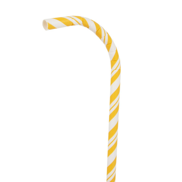 A yellow and white striped straw with a white handle.