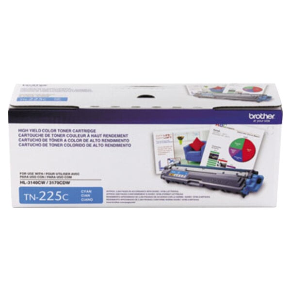 A box of Brother TN225C cyan printer toner cartridges.