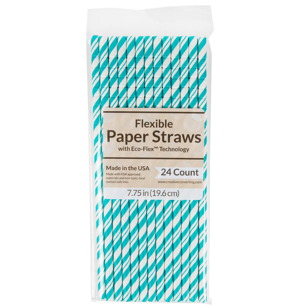 A package of teal lagoon paper straws with blue and white stripes.
