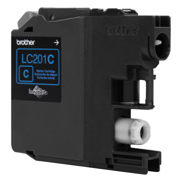 A Brother LC201C printer ink cartridge with blue text on a white background.