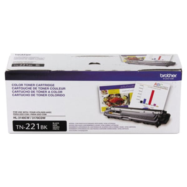A white box with a black and grey Brother TN221BK printer toner cartridge.