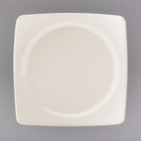 A white Homer Laughlin square china plate with a square shape.