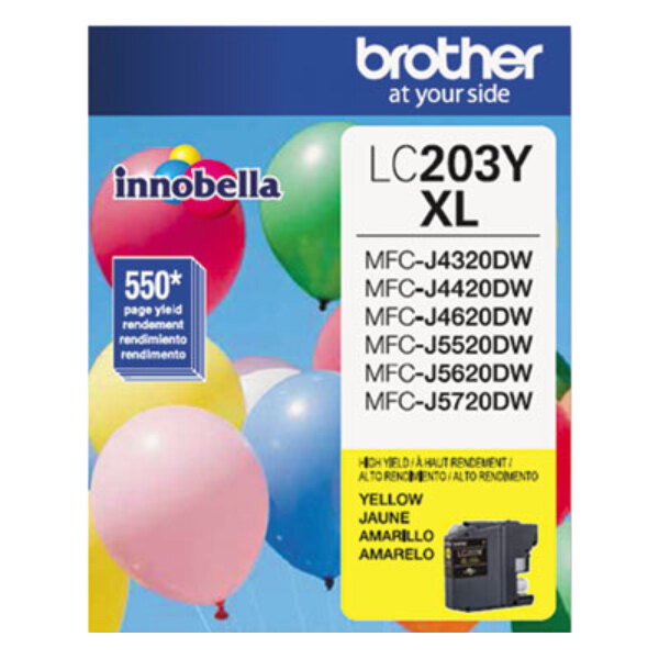 A yellow Brother LC203Y printer ink cartridge label with blue and white text.