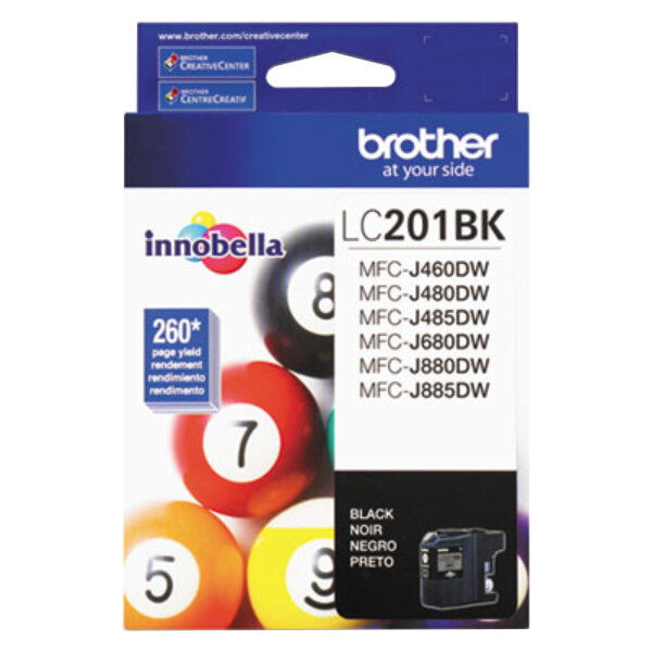 A close-up of a Brother LC201BK black printer ink cartridge.