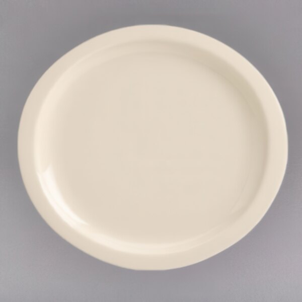 A white Homer Laughlin china plate with a plain rim.