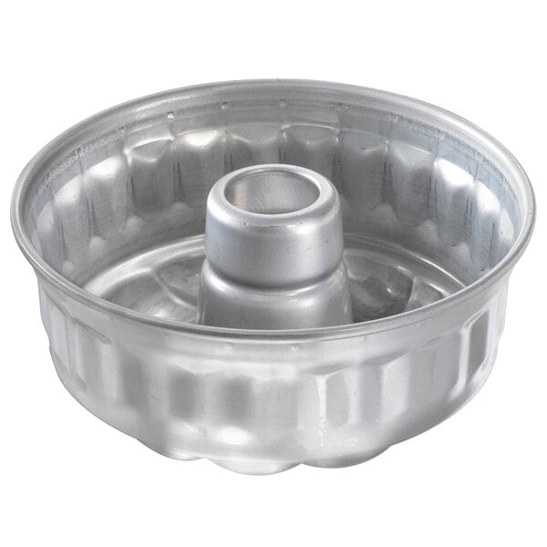 A silver Chicago Metallic fluted bundt cake pan with a ring.