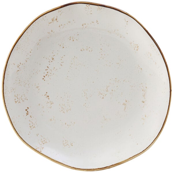 A white Tuxton china plate with brown specks.