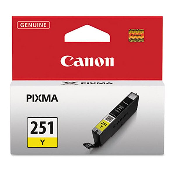 A yellow and black Canon ink cartridge in a box with a yellow and white label.