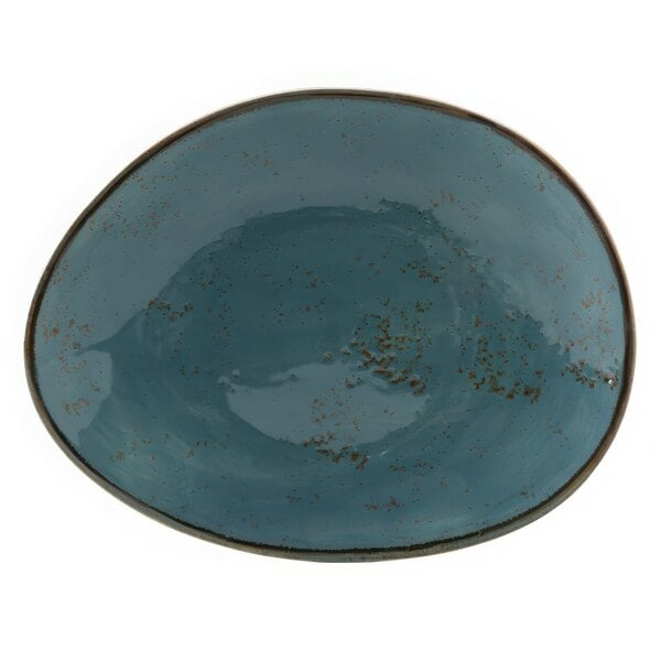 A blue ellipse plate with brown specks.