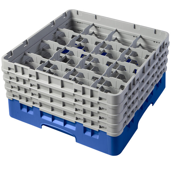 A blue plastic Cambro glass rack with grey compartments.