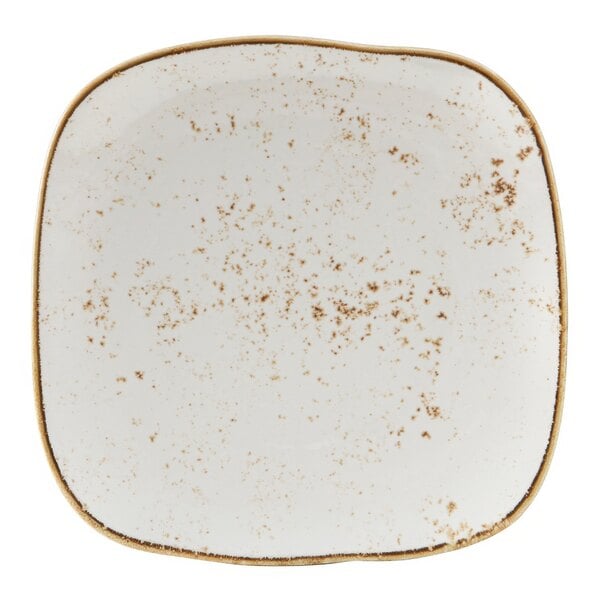 A white square Tuxton china plate with brown specks.