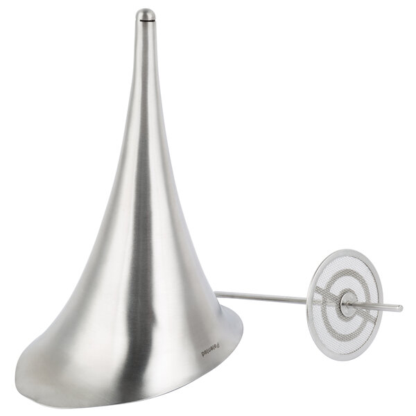 A stainless steel cone with a metal screen on a metal ring.