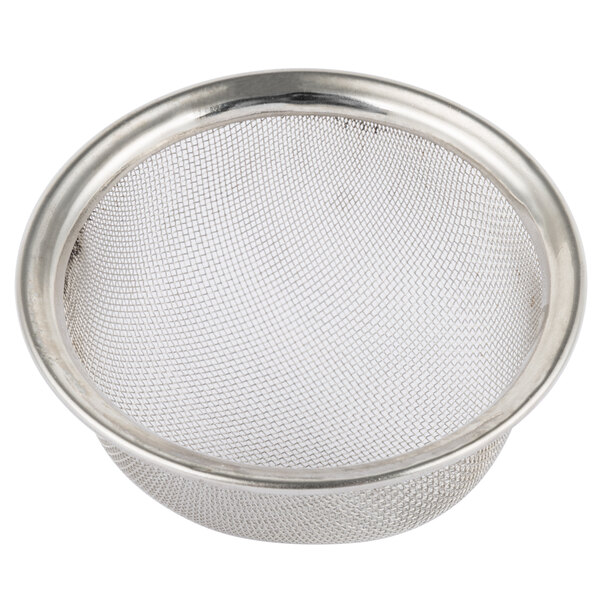 A close-up of a Franmara silver plated decanter funnel with a stainless steel mesh strainer.