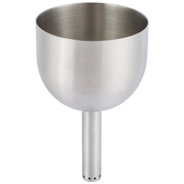 A stainless steel Franmara decanter funnel with a long stem.