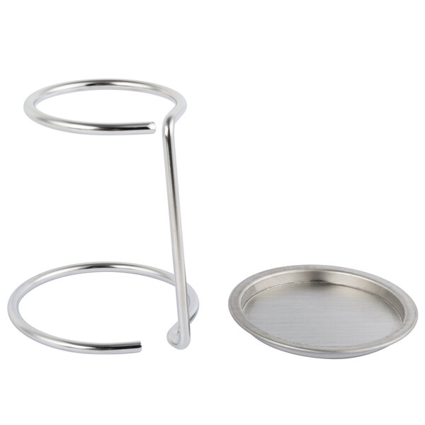 A Franmara stainless steel decanter funnel set with a round metal plate.
