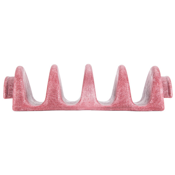 A white polyethylene taco server with four raspberry-colored shells.