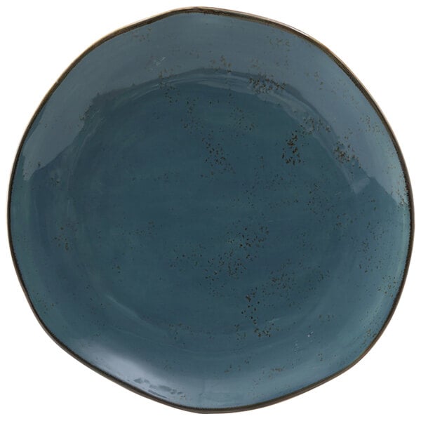 A white china plate with a blue surface and speckled brown and black spots.