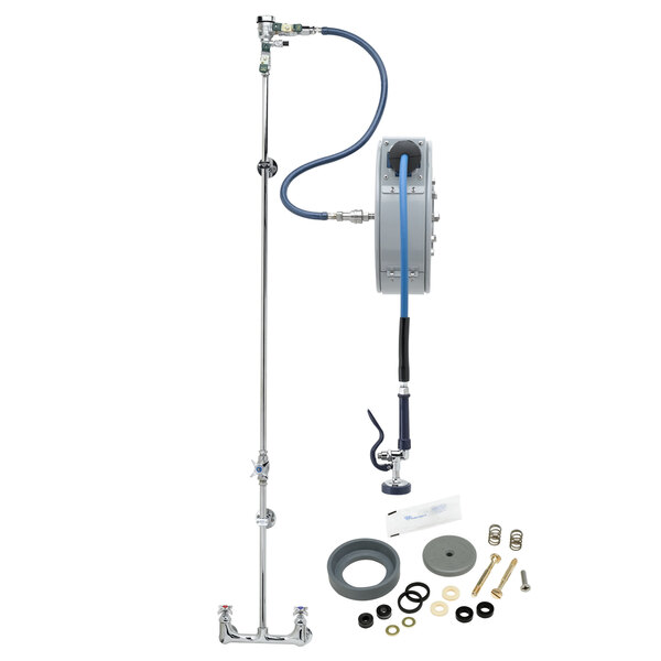 A T&S wall mounted hose reel with a vacuum breaker and 4-arm handles.