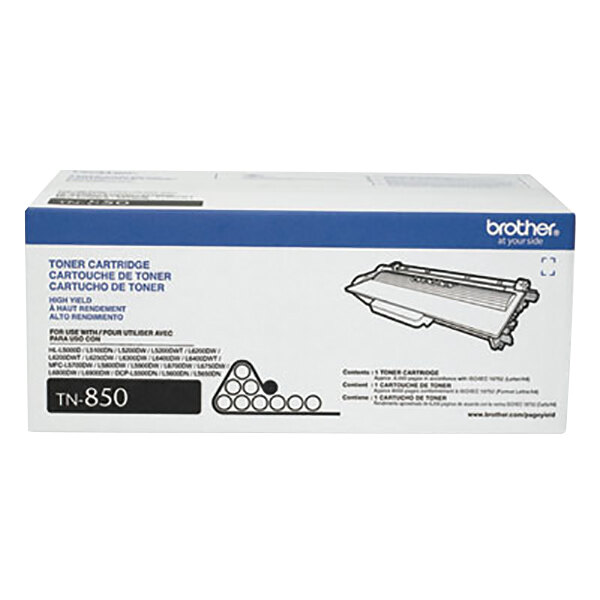 A close-up of a Brother TN850 black toner cartridge.