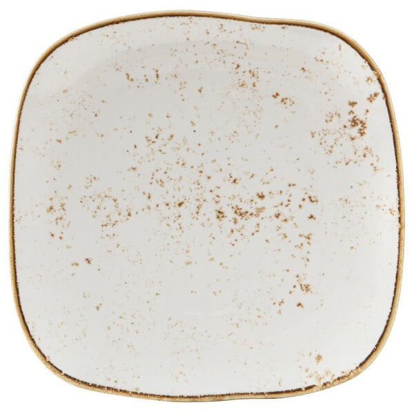 A white square Tuxton China plate with brown specks.