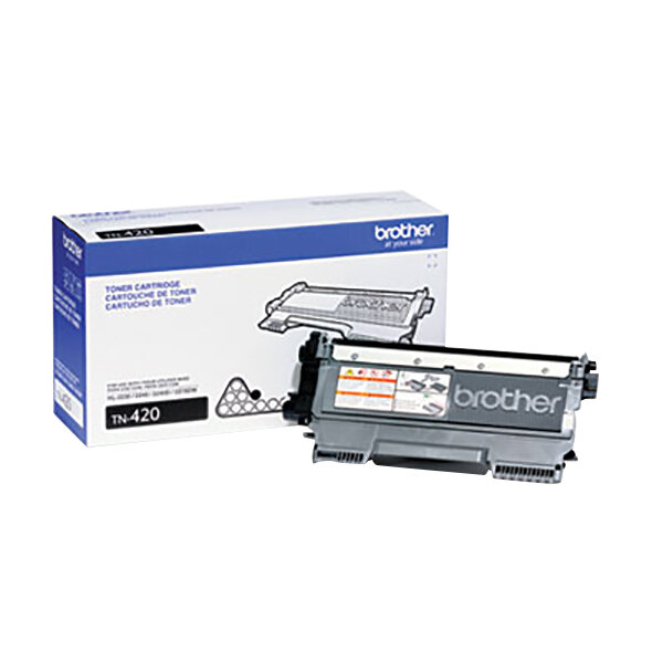 A Brother TN420 black toner cartridge in a white box.
