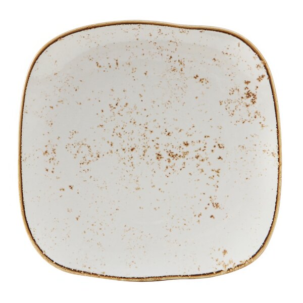 A white square Tuxton china plate with brown specks.