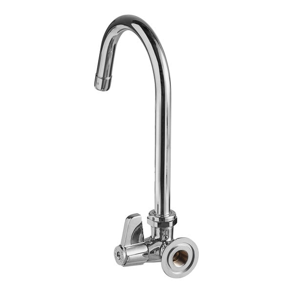 A chrome Equip by T&S wall-mounted faucet with a lever handle.