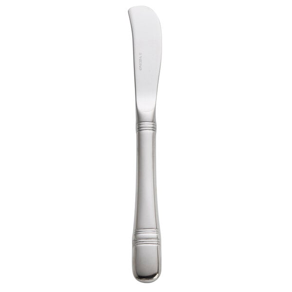 A Oneida Astragal stainless steel butter spreader with a silver handle.