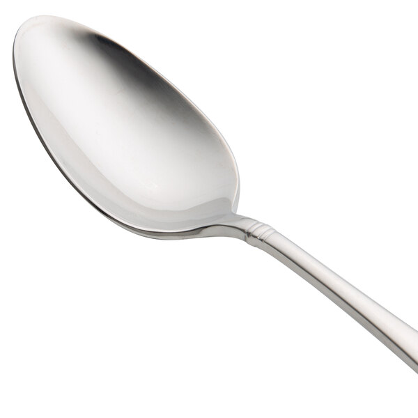 A Oneida stainless steel oval bowl soup/dessert spoon with a silver handle.