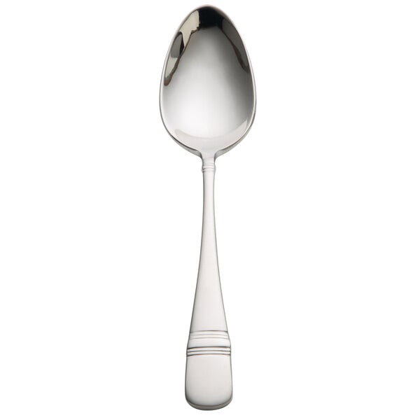 An Oneida stainless steel oval bowl soup/dessert spoon with a handle.
