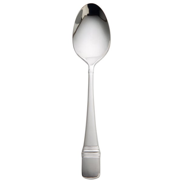 A Oneida Astragal stainless steel serving spoon with a white handle.