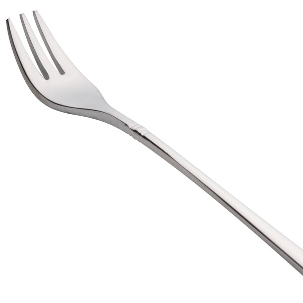 A Oneida stainless steel cocktail fork with a white handle.