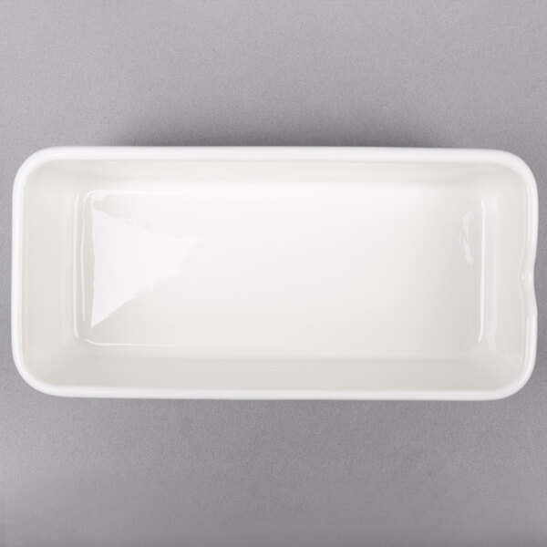 A white rectangular Arcoroc porcelain bowl.
