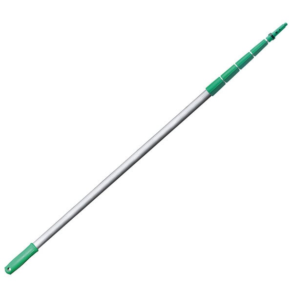 A Unger green and white telescopic pole with a green and silver ErgoTec cone.